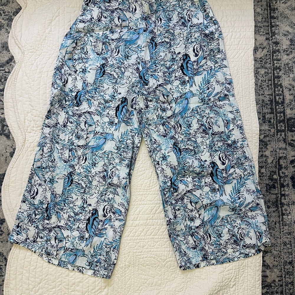 Blue Floral and bird Print Pants